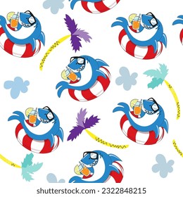 Funny cartoon sharks with sunglasses on a white background seamless pattern. Summer concept for kids