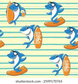 Funny cartoon sharks with sunglasses seamless pattern. Summer concept for kids