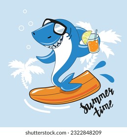 Funny caricatura tiburones gafas de sol y surf en un fondo azul. Concepto de verano para los niños