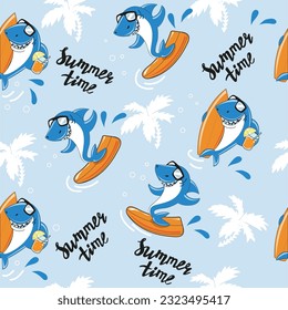 Funny cartoon sharks sunglasses and surfing on a blue background seamless pattern. Summer concept for kids