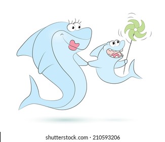 Funny cartoon sharks - vector illustration.