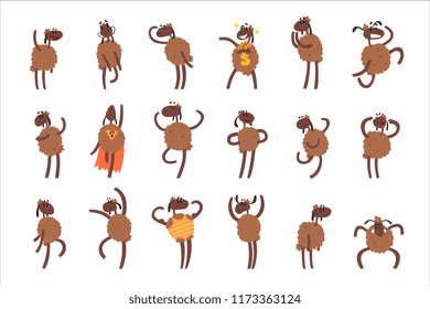 Funny cartoon sheep character set, brown sheep with different emotions colorful vector Illustrations