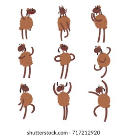Funny cartoon sheep character set, brown sheep with different emotions colorful vector Illustrations