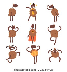 Funny cartoon sheep character set, brown sheep in different situations colorful vector Illustrations