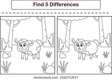 Funny cartoon sheep. Find 5 differences. Kids Education games. Cartoon vector illustration