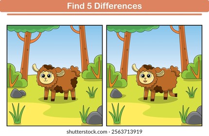 Funny cartoon sheep. Find 5 differences. Kids Education games. Cartoon vector illustration