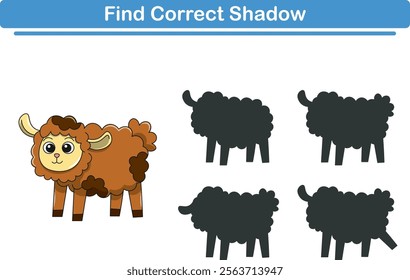 Funny cartoon sheep. find the correct shadow. Kids Education games. Cartoon vector illustration