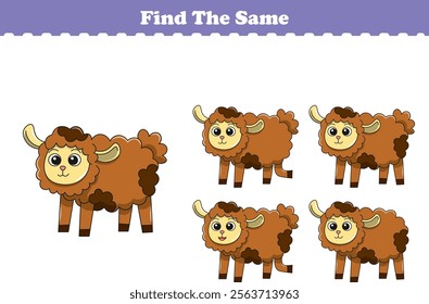 Funny cartoon sheep. Find same pictures. Educational game for children. Cartoon vector illustration