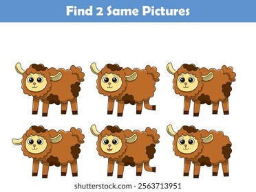 Funny cartoon sheep. Find two same pictures. Educational game for children. Cartoon vector illustration