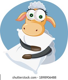 Funny Cartoon Sheep Holding A Pillow. Cute Animal Mascot Resting Fighting Insomnia
