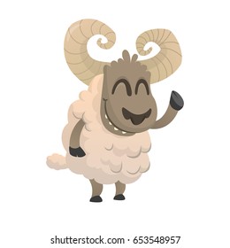 Funny cartoon sheep icon. Vector illustration of a fluffy sheep character mascot waving hand. Great for print, sticker or book illustration