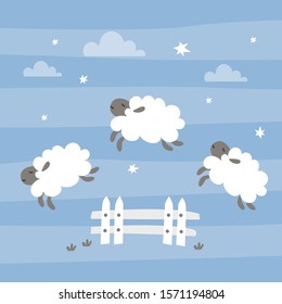 Funny cartoon sheep jump over the fence. Count sheep to fall asleep,fun background or banner. Adorable farm animals. Flat vector illustration