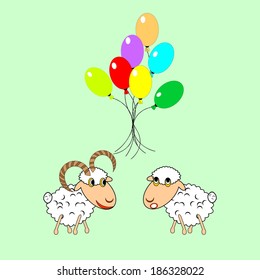 A funny cartoon sheep and ram with many colorful balloons. Design Birthday card. Vector-art illustration on a white background