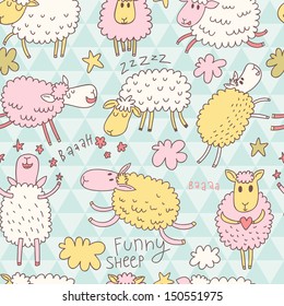 Funny cartoon sheep in the sky Ã¢Â?Â? childish background in vector. Seamless pattern can be used for wallpapers, pattern fills, web page backgrounds,surface textures.