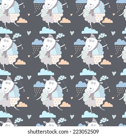 Funny cartoon sheep in the sky. Childish pattern