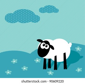 Funny cartoon sheep staring on a field with flowers, vector illustration