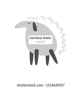 Funny cartoon sheep with text "natural wool 100%". Isolated vector animal for wool yarn logo, icon