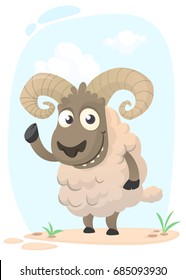 Funny cartoon sheep. Vector illustration of pretty sheep  baby. Isolated on meadow background