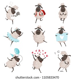 Funny cartoon sheeps in various action poses. Lamb mascot animal, character mammal adorable. Vector illustration