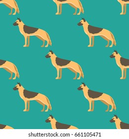 Funny cartoon shepherd dog character bread seamless pattern puppy pet animal doggy vector illustration.