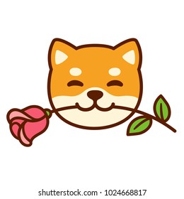 Funny cartoon Shiba Inu dog holding rose in mouth. Cute Valentines day greeting card.