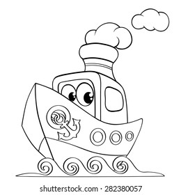 Funny cartoon ship. Black and white vector illustration for coloring book