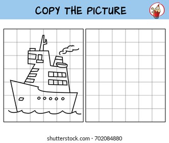 Funny cartoon ship. Copy the picture. Coloring book. Educational game for children. Cartoon vector illustration