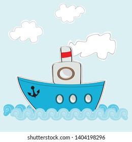 Funny cartoon ship on the sea with clouds