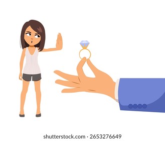 Funny cartoon showing a woman saying no to a marriage proposal, refusing a wedding ring. Relationship choice, independence and modern lifestyle concept