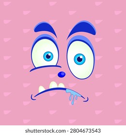 Funny cartoon sick face with worried expression, mismatched eyes, drooling mouth, and pale appearance on a pink patterned background. Humorous illustration representing illness, nausea, discomfort, exhaustion, dizziness, or feeling unwell. Ideal for emojis, stickers, healthcare concepts, social media graphics, comic designs, and emotional expression themes.