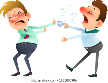 funny cartoon sick man sneezing and coughs on a healthy man. vector illustration .