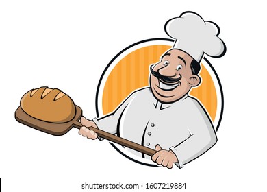 funny cartoon sign of a baker holding a delicious bread