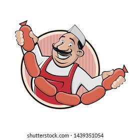 funny cartoon sign of a butcher with sausages