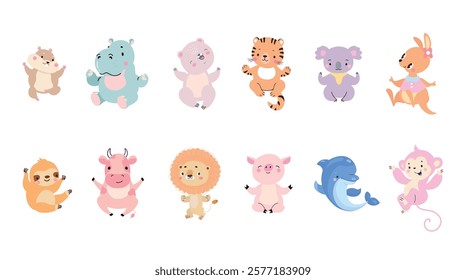 Funny cartoon sitting animals. Baby animal, hippo sloth koala tiger leo hamster cow piggy monkey bear and dolphin. Children mascots vector clipart