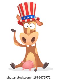 Funny cartoon sitting cow wearing Uncle Sam hat. Domestic cow character design for  American Independence Day. Vector illustration for print, poster or invitation for USA 4th of July holiday