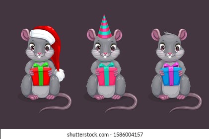 Funny cartoon sitting mouse with gift box in the hand. Different hats and colors. Symbol of the New Yer. Vector cute rat icons set.