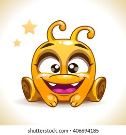 Funny cartoon sitting yellow alien monster character, kids vector illustration, isolated on white