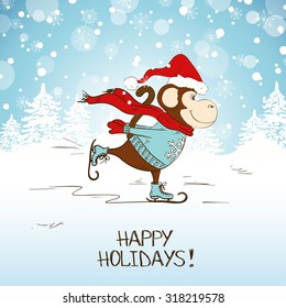 Funny cartoon skating monkey. Symbol of the New Year 2016. New Year and Christmas greeting card.