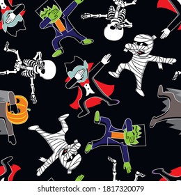 Funny cartoon skeleton, Dracula, Frankenstein, mummy and pumpkin make DAB move, dancing hip hop style. Halloween seamless pattern. Vector illustration.