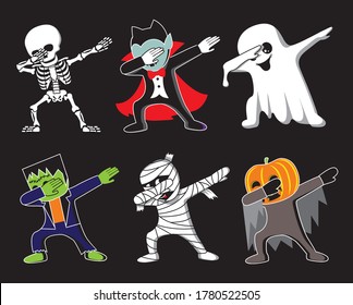 Funny cartoon skeleton, Dracula, Ghost, Frankenstein, mummy and pumpkin make DAB move, dancing hip hop style. Halloween vector illustration.