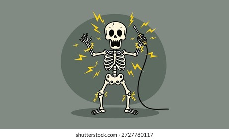 Um esqueleto engraçado de desenho animado é eletrocutado, com raios e fios ao redor dele. O esqueleto parece surpreso e chocado.