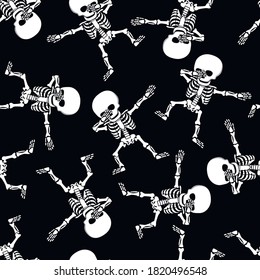 Funny cartoon skeleton make DAB move, dancing hip hop style. Halloween seamless pattern. Vector illustration