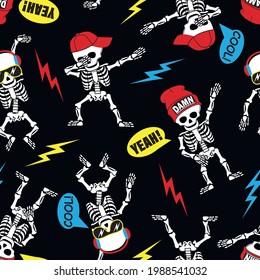 Funny cartoon skeleton make DAB move, dancing hip hop style in hats, sunglasses and headphones. Seamless pattern. Vector illustration.