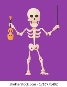 Funny cartoon skeleton posing holding a violin and