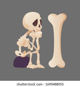 Funny cartoon skeleton posing sitting on a stone