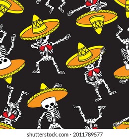 Funny cartoon skeleton in sombrero make DAB move, dancing hip hop style. Seamless pattern. Vector illustration.