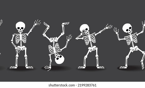 Funny cartoon skeletons making DAB move and dancing hip hop style. Vector illustration. Horizontal seamless banner.