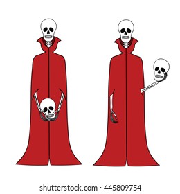 Funny cartoon skeletons in their red cloaks with a skull in his hands.
