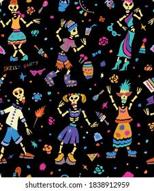 Funny cartoon skellies partying all night long will servse as a background or a textile pattern 
