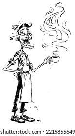 Funny cartoon sketch of a boy or man barista holding cup of hot coffee. Cartoon sketch illustration hand drawn with ink pen. Vector